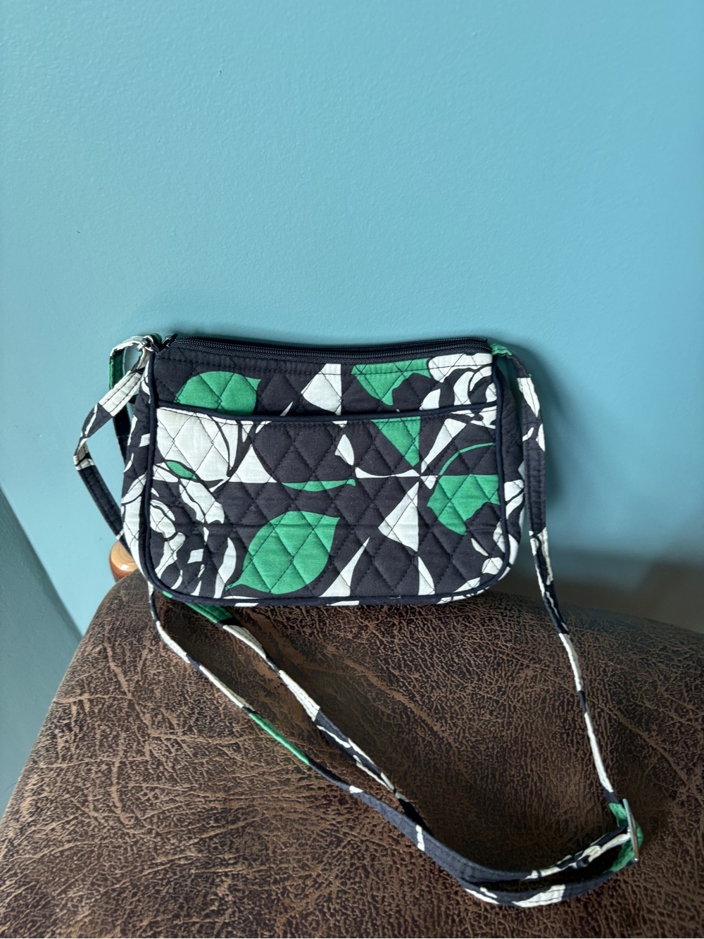 Vera Bradley Quilted Floral Crossbody in Black, White & Green